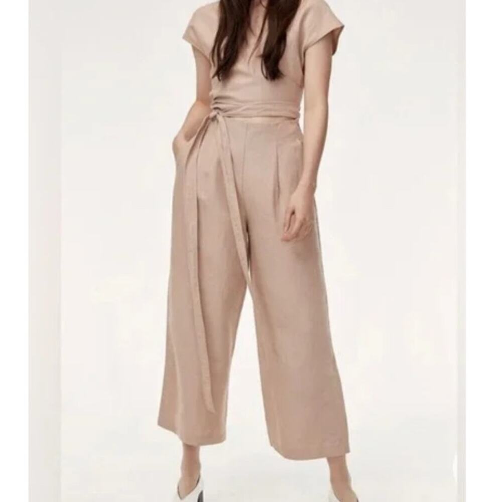 Aritzia Wilfred Free Jumpsuit Wide Leg Cropped Wrap Tie Beige Casual